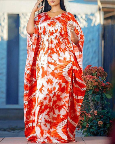 Women Long Sleeve Fashion Printed Loose Plus Size Dresses Maxi Dress Orange Blue S-5XL