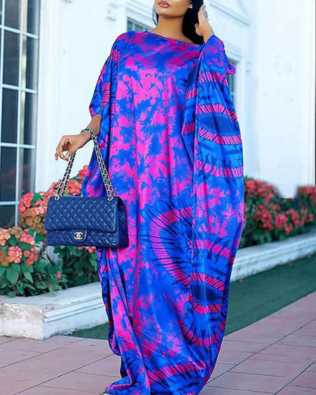 Women Long Sleeve Fashion Printed Loose Plus Size Dresses Maxi Dress Orange Blue S-5XL