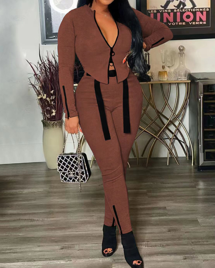 Women Long Sleeve Good Elasticity Solid Color Zipper Goat Pants Sets Two Pieces Outfit