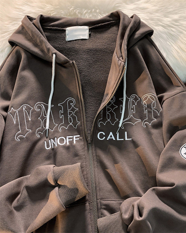 Hot Sale Retro Letter Embroidery Hoodie Long Sleeve Loose Cardigans Black Coffee Beige S-2XL
