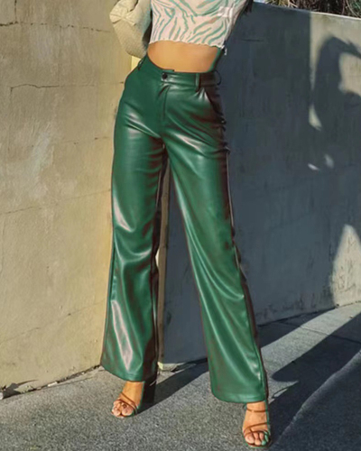 Women Hot Fashion PU High Waist Wide Leg Pants Black Green Brown S-XL
