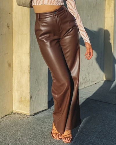 Women Hot Fashion PU High Waist Wide Leg Pants Black Green Brown S-XL