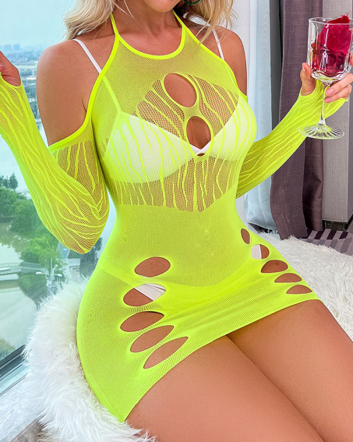 Women Hollow Out Long Sleeve Mesh Sexy Lingerie Babydoll Black Fluorescent Yellow One Size