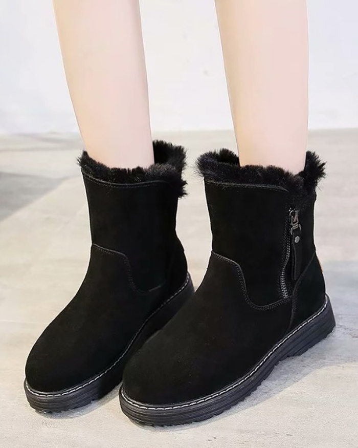 Women's Winter Fleece Fur Snow Boots Flat Non-slip Short Boots Black Khaki 35-40