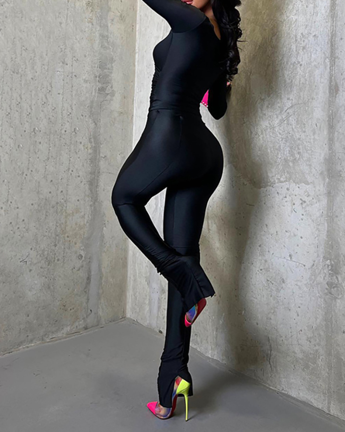 Solid Color Women Long Sleeve Tops Pants Sets Two Piece Sets Black S-L