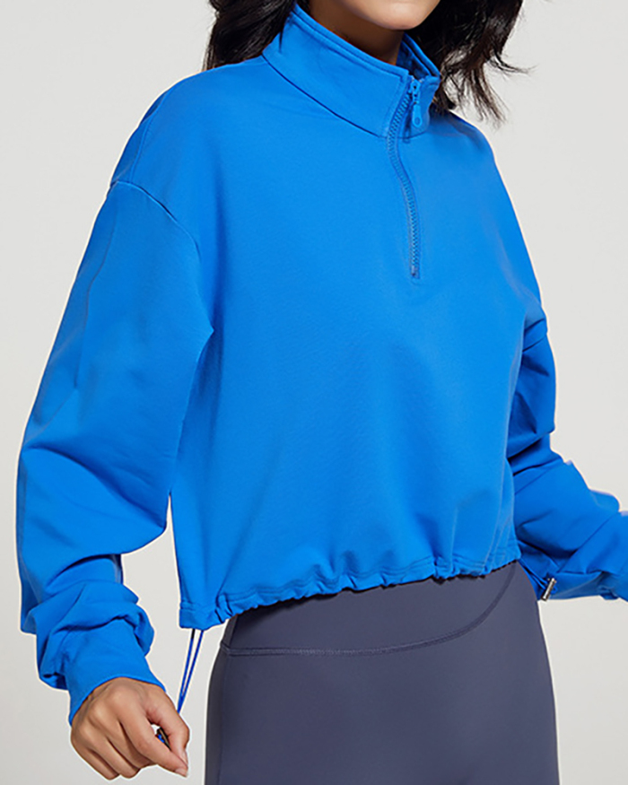 Women Solid Color Zipper Neck Pullover Long Sleeve Sweatshirt Sports Top S-L