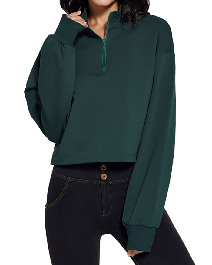 Women Solid Color Zipper Neck Pullover Long Sleeve Sweatshirt Sports Top S-L