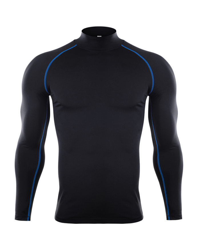 Men's High Elastic Quick Dry Long Sleeve Stand Collar Running Top Black Red White Flourescent Green XS-2XL