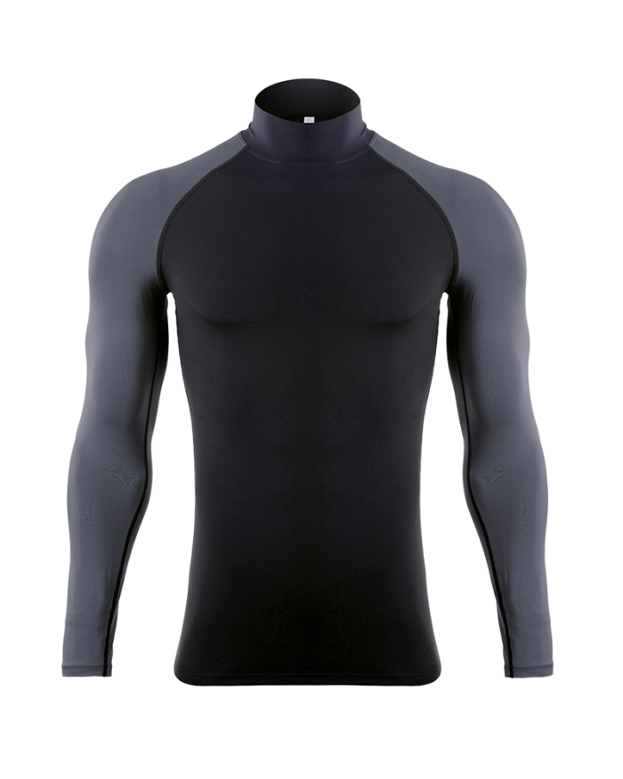 Men's High Elastic Quick Dry Long Sleeve Stand Collar Running Top Black Red White Flourescent Green XS-2XL