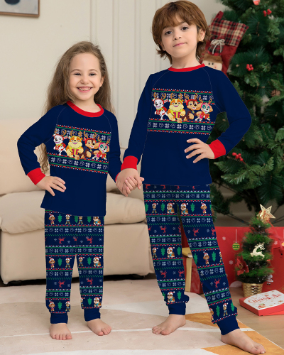Blue Red Cute Carton Pritned Christmas Family Pajamas