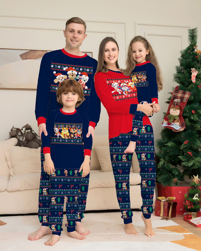 Blue Red Cute Carton Pritned Christmas Family Pajamas