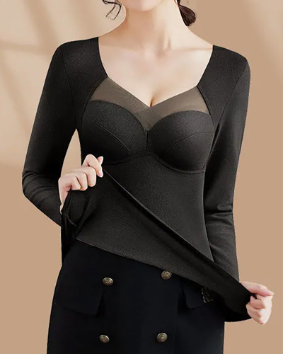 Women Two-Sided Sanding Plus Velvet Long Sleeve Warm Top With Bra Black Coffee Flesh XL-3XL