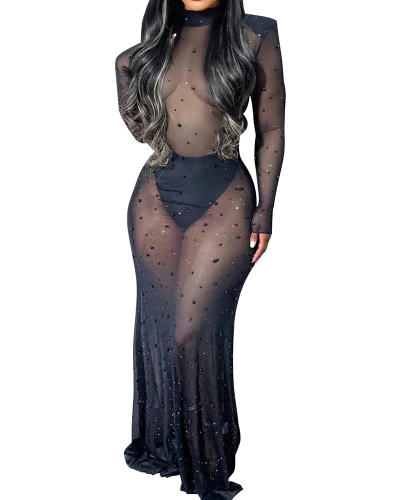 Women Long Sleeve Mesh See Through Sexy Club Night Dress Maxi Dresses Black S-2XL
