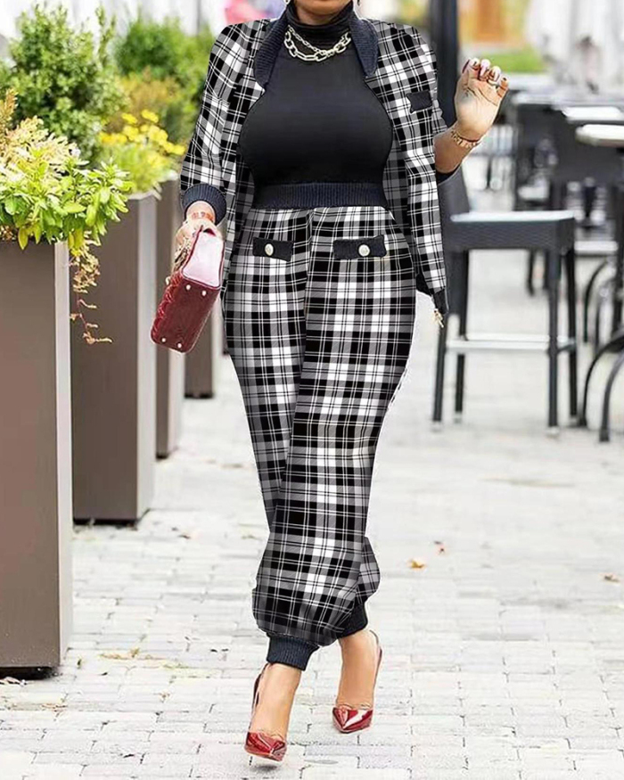 Women Elegant Fashion Houndstooth Print Long Sleeve Coat Loose Pants Sets Two Pieces Outfit S-3XL