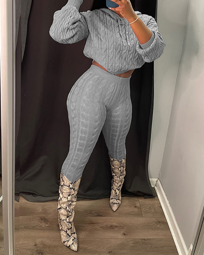 Hot Sale Women Knit Sweater Hoodie Pants Sets Two Pieces Outfits S-L