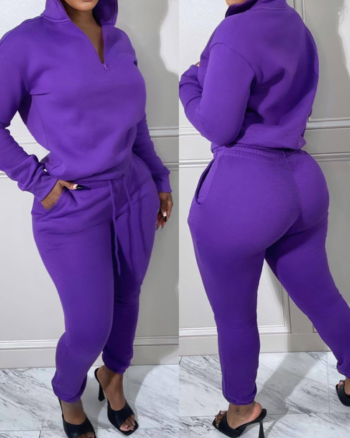 Women Zipper Turtleneck Solid Color Casual Pants Sets Two Pieces Outfit Gray Red Green Orange Purple Coffee S-2XL