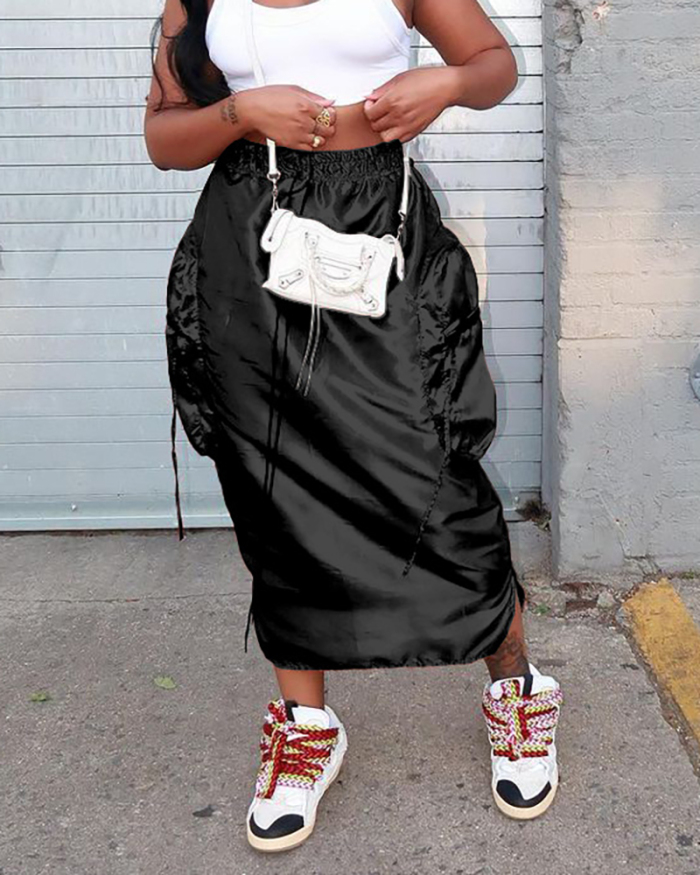 Women Solid Color Popular Hot Sale Reflective Big Pocket Maxi Skirts Silver Khaki Black Olive S-XL
