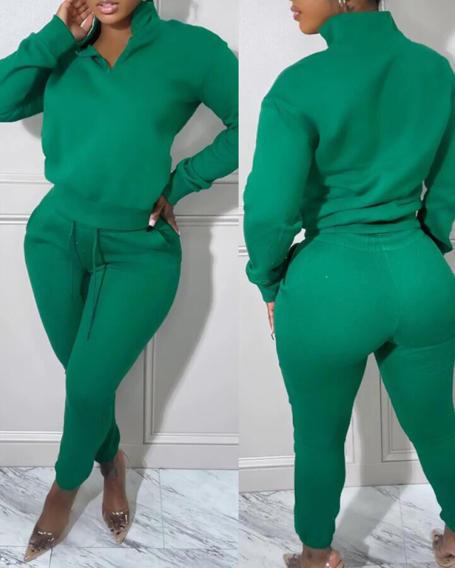 Women Zipper Turtleneck Solid Color Casual Pants Sets Two Pieces Outfit Gray Red Green Orange Purple Coffee S-2XL