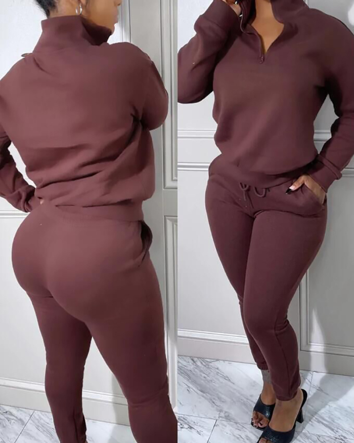 Women Zipper Turtleneck Solid Color Casual Pants Sets Two Pieces Outfit Gray Red Green Orange Purple Coffee S-2XL