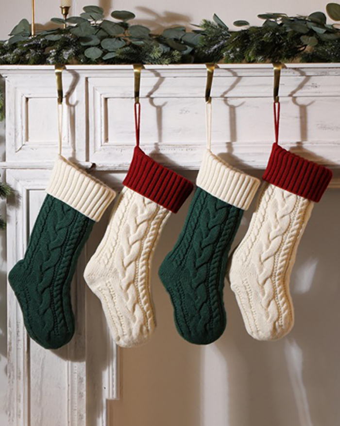 Knit Christmas Decoration Colorblock Solid Color Big Gift Socking Red Gray Ivory Green