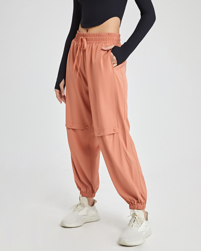 Women Drawstring High Waist Solid Color Sports Loose Yoga Pants Black Orange Coffee White S-XL