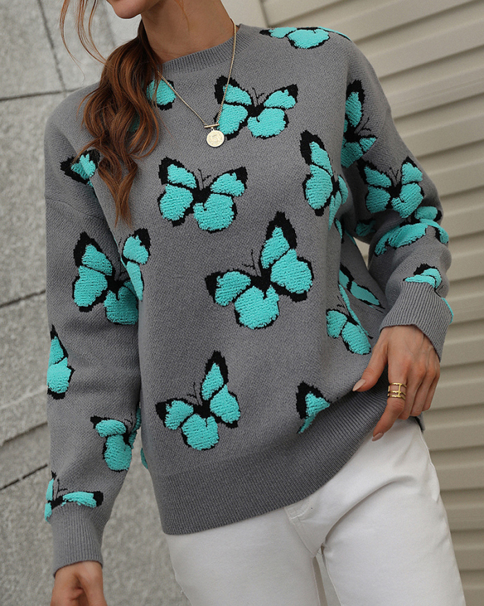 Butterfly Crew Neck Long Sleeve Fall & Winter Sweater Purple Gray Green Blue Apricot S-XL