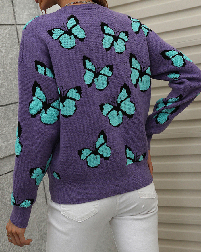 Butterfly Crew Neck Long Sleeve Fall & Winter Sweater Purple Gray Green Blue Apricot S-XL