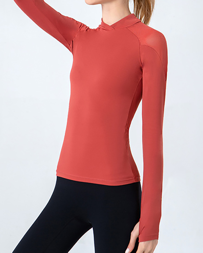 New Sheer Shoulder Long Sleeve Tight Slim Solid Color Fitness Top Blue Pink Red Yellow Black S-2XL