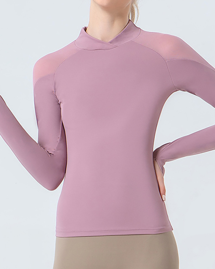 New Sheer Shoulder Long Sleeve Tight Slim Solid Color Fitness Top Blue Pink Red Yellow Black S-2XL