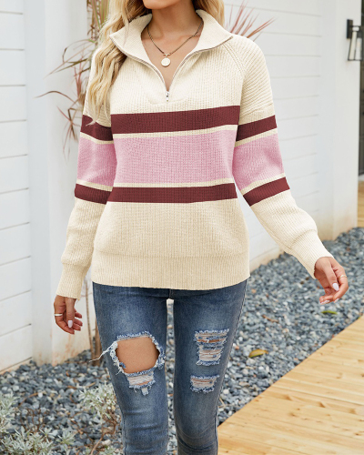Women Long Sleeve Colorblock Solid Color Striped Zipper Lapel Neck Sweater Gray Camel Coffee Apricot Black S-XL