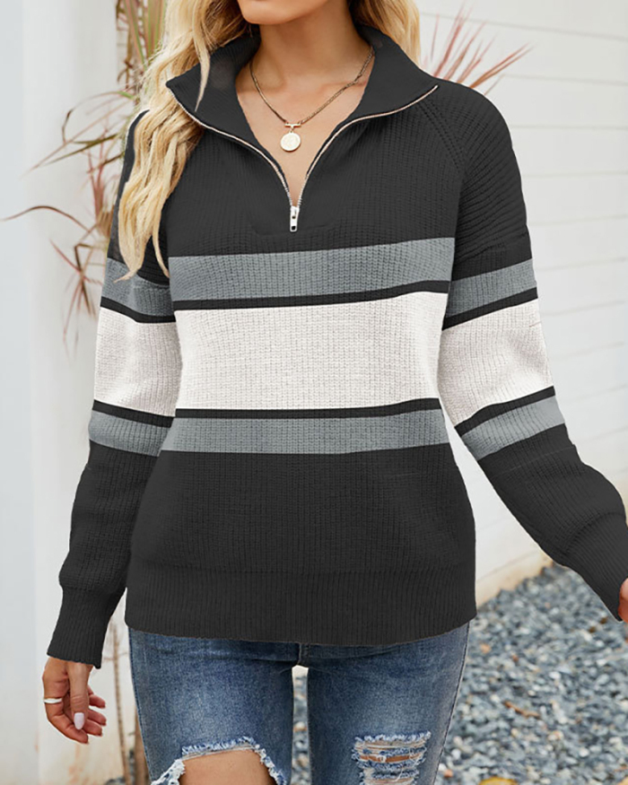 Women Long Sleeve Colorblock Solid Color Striped Zipper Lapel Neck Sweater Gray Camel Coffee Apricot Black S-XL