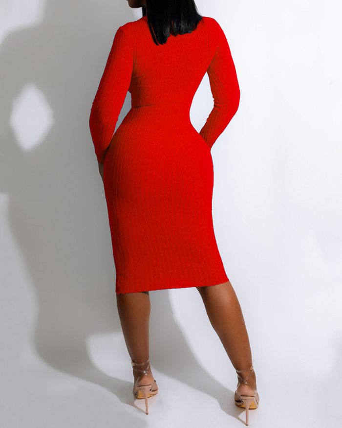 Hollow Out Long Sleeve Solid Color Women Sweater Dresses Black Red Blue Apricot S-2XL