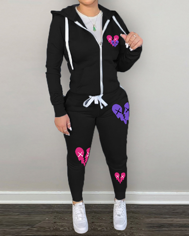 Women Heart Printed Fashion Hoodies Pants Sets Two Pieces Outfit Red Green Black Gray Rosy S-2XL