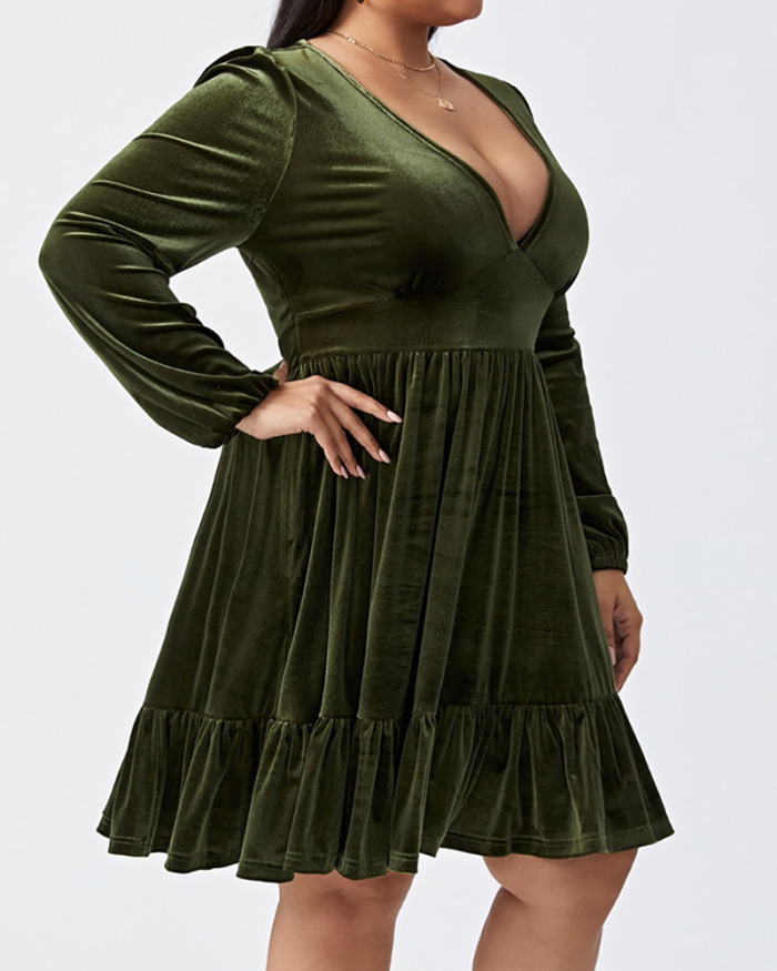 Women Solid Color Long Sleeve V-neck Plus Size Dresses Green Red XL-3XL