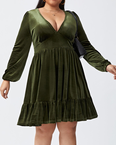 Women Solid Color Long Sleeve V-neck Plus Size Dresses Green Red XL-3XL