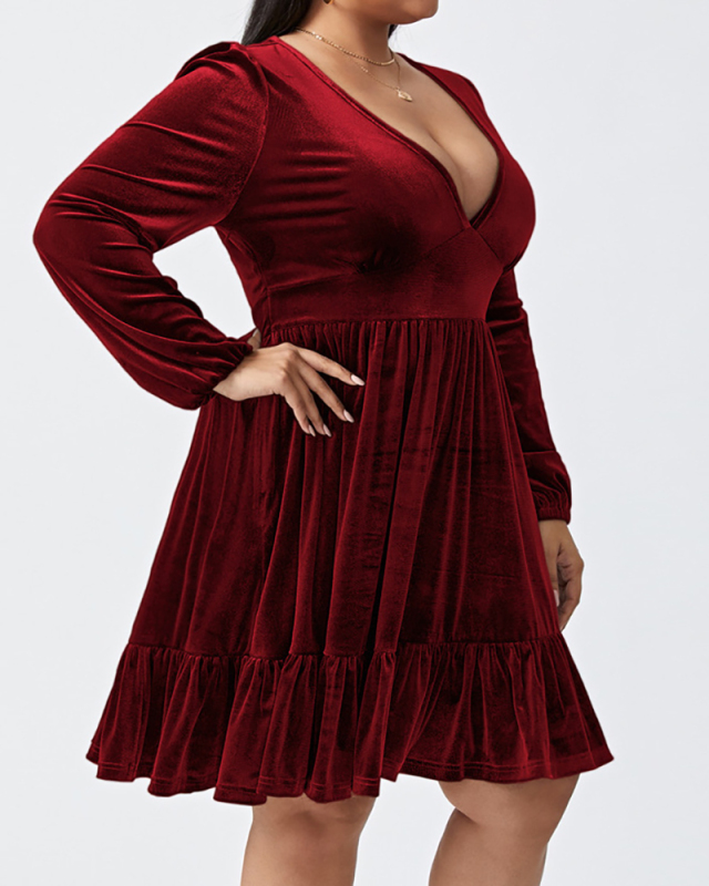 Women Solid Color Long Sleeve V-neck Plus Size Dresses Green Red XL-3XL