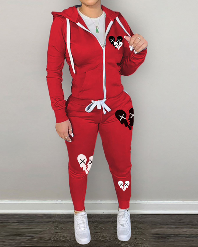 Women Heart Printed Fashion Hoodies Pants Sets Two Pieces Outfit Red Green Black Gray Rosy S-2XL