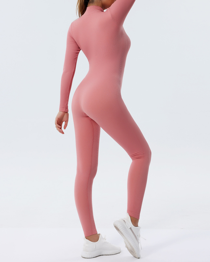 Women Slim Zipper Front Long Sleeve Yoga Jumpsuit Silver Pink Blue Black S-L