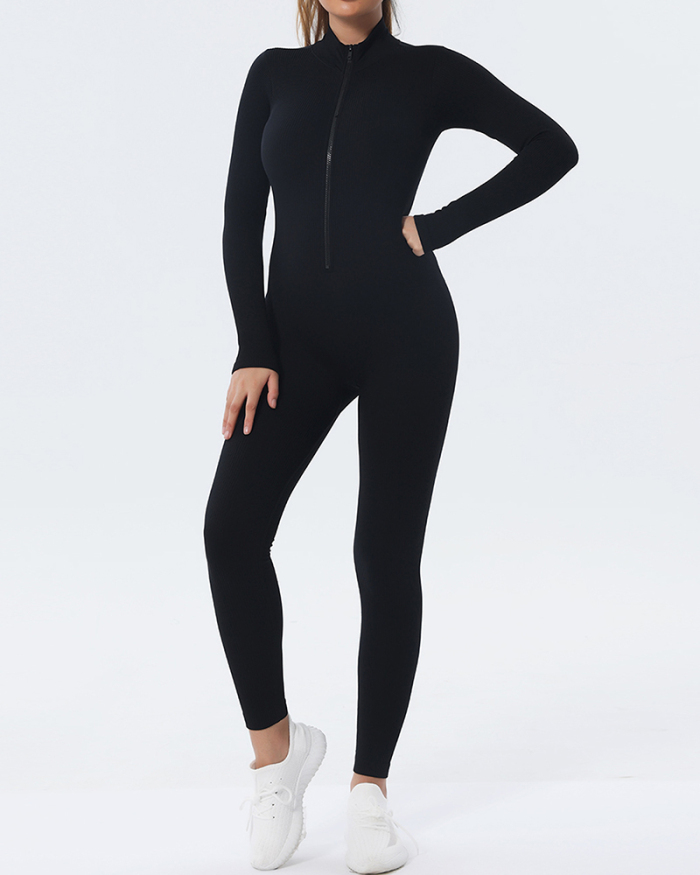 Women Slim Zipper Front Long Sleeve Yoga Jumpsuit Silver Pink Blue Black S-L