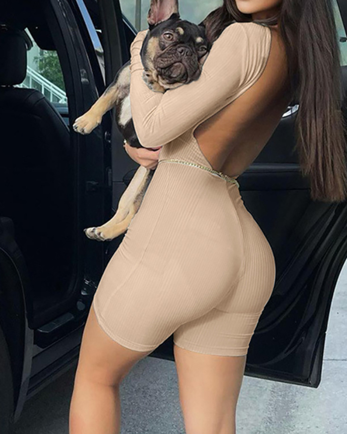 Women Sexy Backless Solid Color Long Sleeve Square Neck Sports Rompers Khaki Blue Green Brown Blue Black S-2XL
