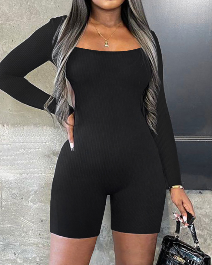 Women Sexy Backless Solid Color Long Sleeve Square Neck Sports Rompers Khaki Blue Green Brown Blue Black S-2XL