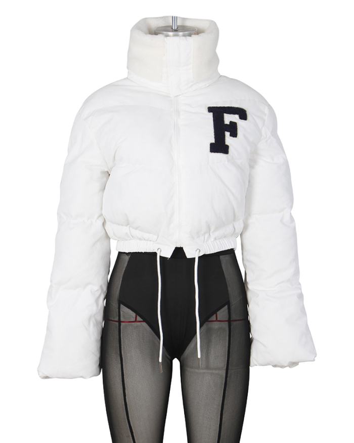 Women Fashion F Letter Printed Cotton Puffer Jackets Coat Winter Warm Wear S-2XL