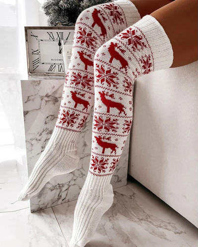 Christmas Knit Elk Snow Flake Long Stockings White Red Gray One Size