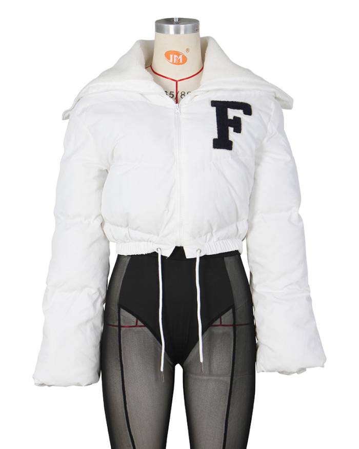 Women Fashion F Letter Printed Cotton Puffer Jackets Coat Winter Warm Wear S-2XL