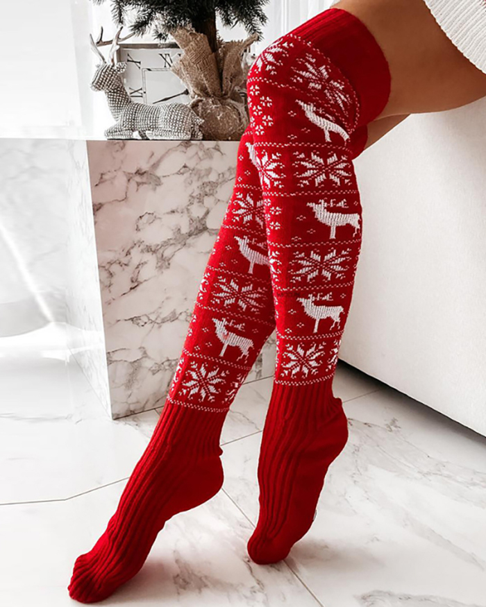 Christmas Knit Elk Snow Flake Long Stockings White Red Gray One Size
