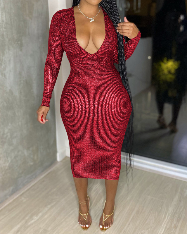 Women Fashion Deep V-neck Long Sleeve Shining Bodycon Dresses Red Silver Gold S-XL