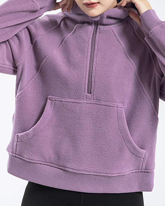 Winter Long Sleeve Sports Running Zipper Hoodies Pocket Yoga Tops Purple Black Blue S-2XL