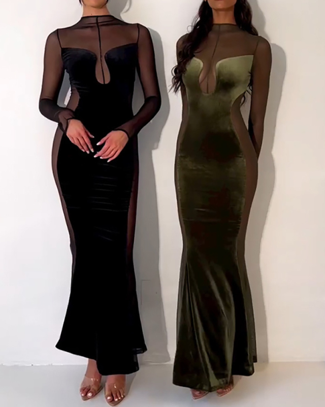 Women Long Sleeve Patchwork Sexy Mesh Crew Collar Backless Elegant Evening Dress Black Green S-L