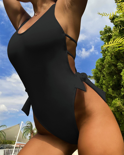 Solid Color Women Backless Hollow Out Tie Side One Piece Swimsuit Black S-L