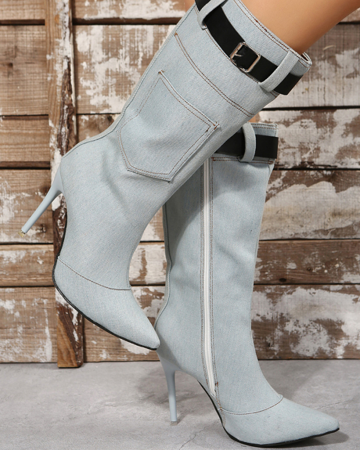 Jean Cowboy Belt Zipper Mid-Calf Stiletto Heel Women Boots Gray Blue 35-43